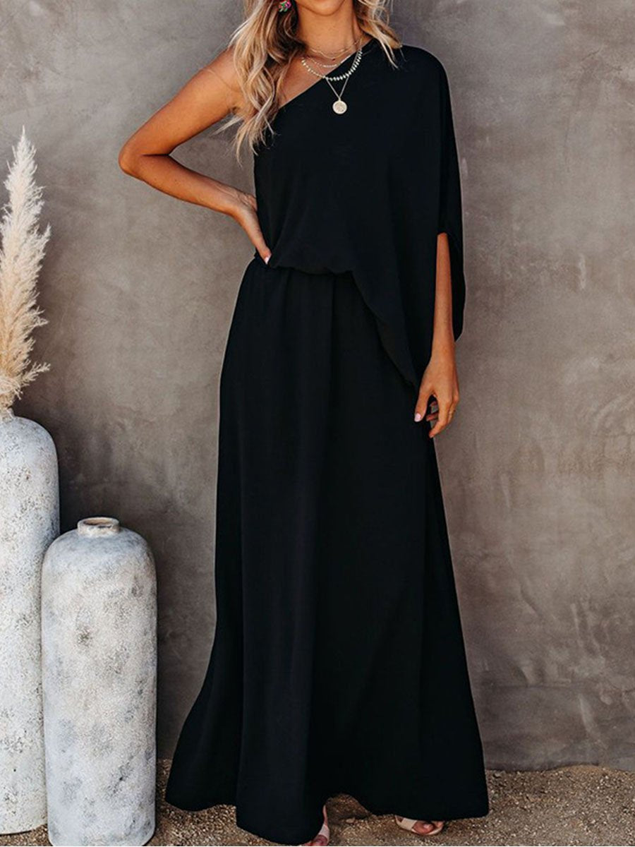 One-shoulder Solid Split Side Maxi Dress