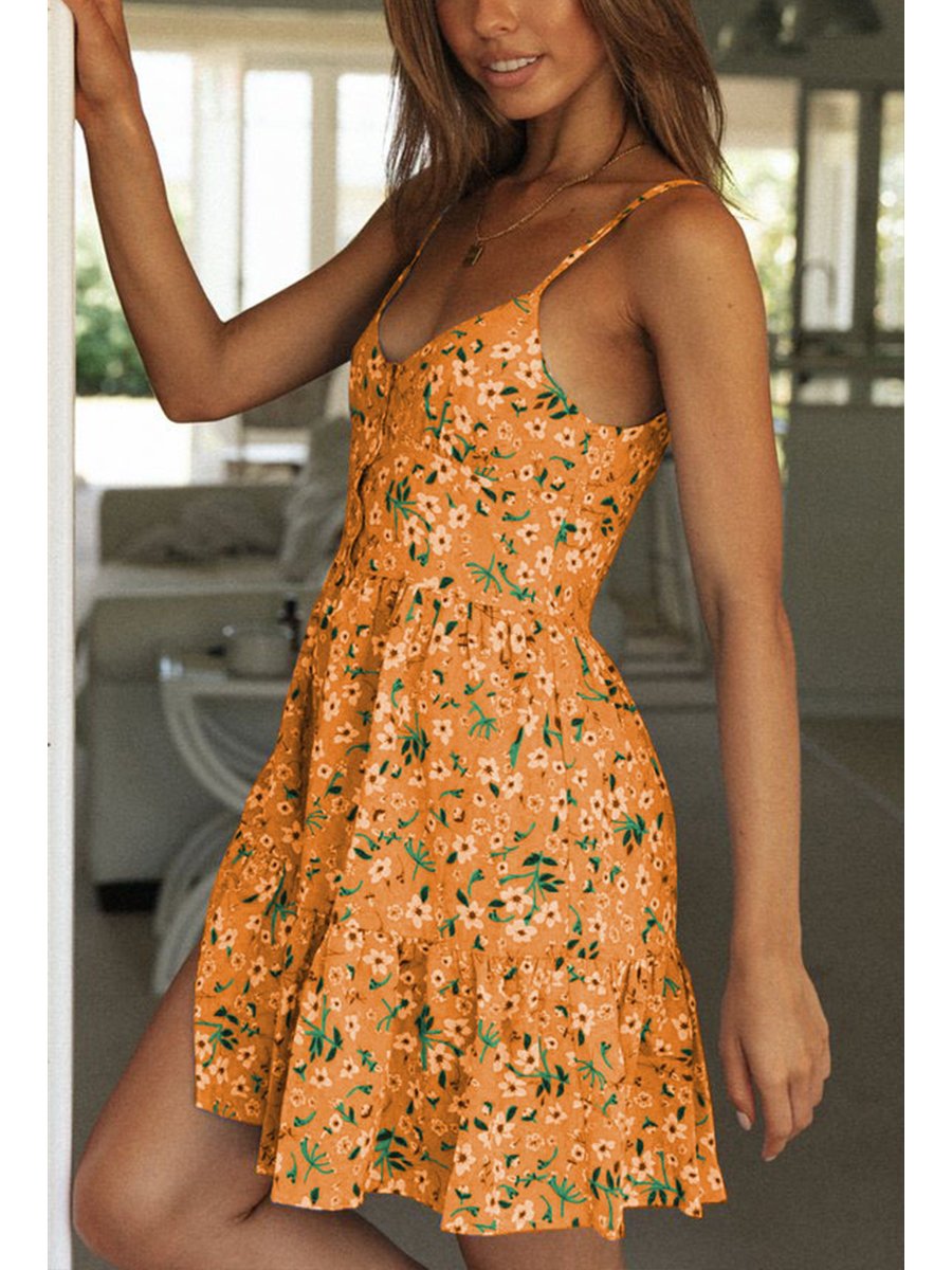 V-neck Straps Ruffle Print Mini Dress