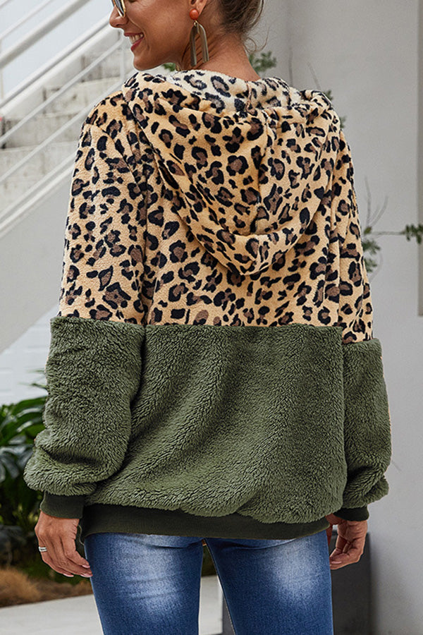 Leopard Patchwork Hooded Plush Coat