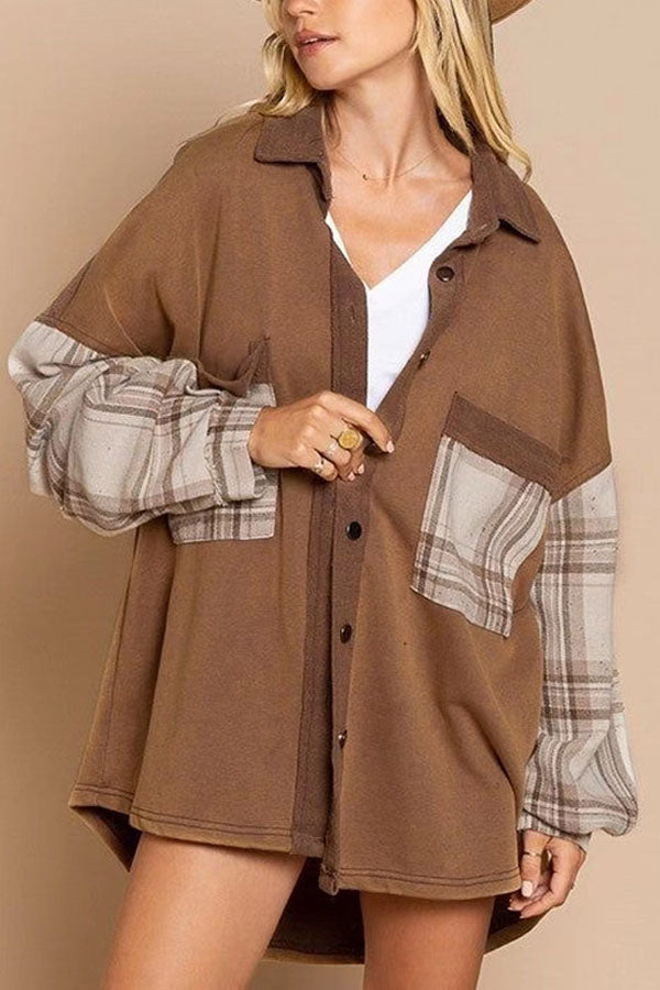 Street Cardigan Loose Check Colorblock Blouse Jacket