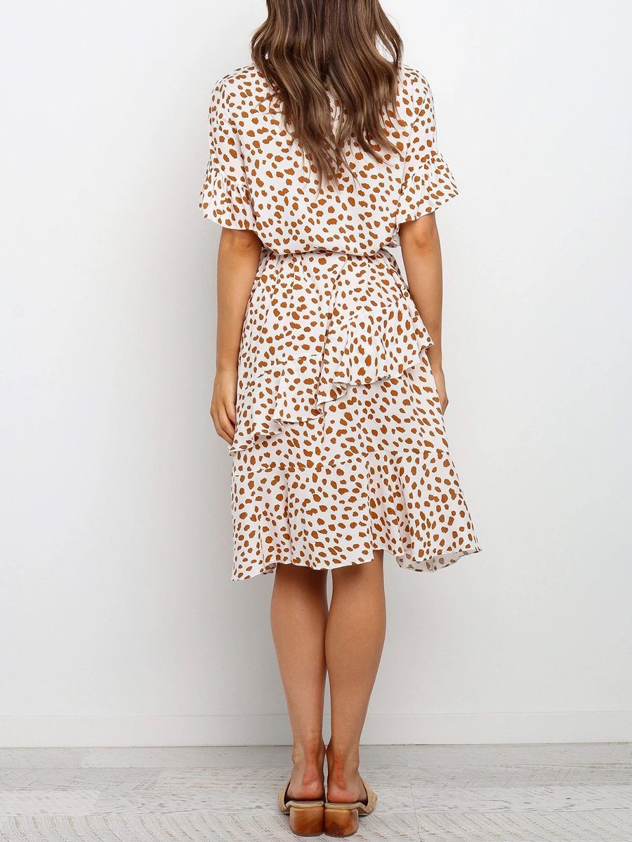 Ruffled Leopard Print Coffee Midi Dress