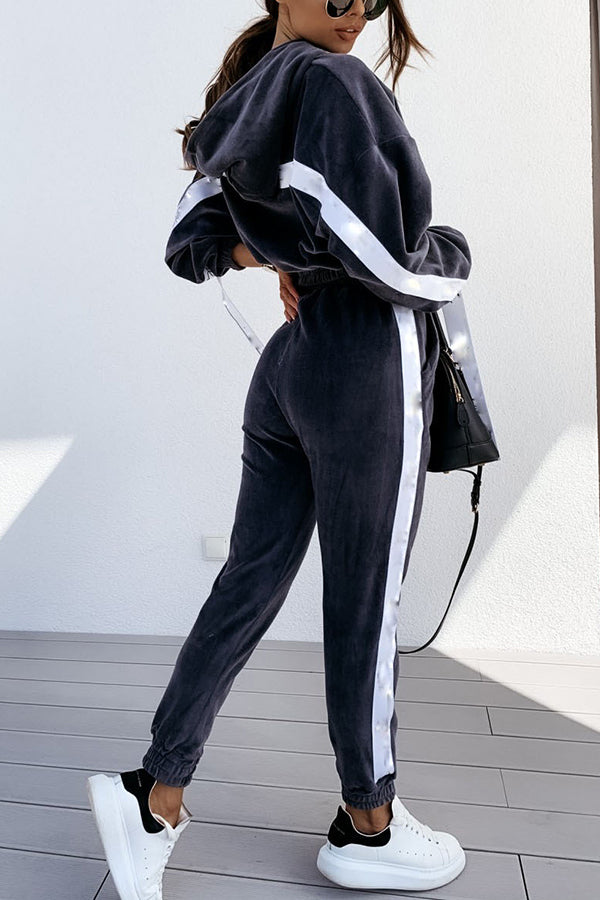 Pure Color Hooded Long-sleeved Gold Velvet Two-piece Suit