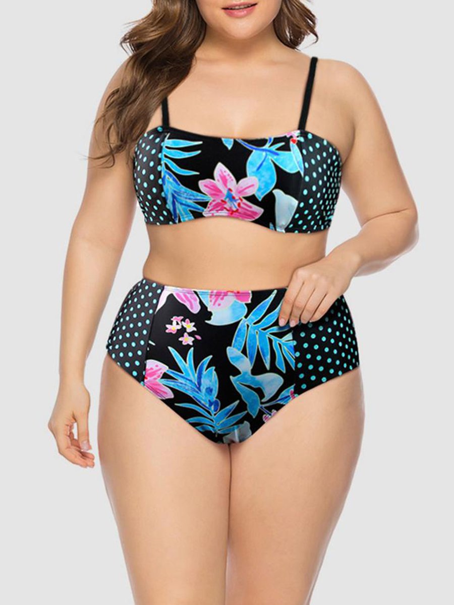 Sweet Floral Dot Print Black Two-piece Swimsuit