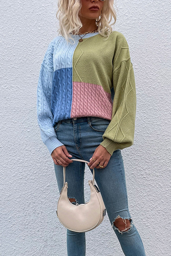 Square Stitching Contrast Color Twist Lantern Sleeve Sweater