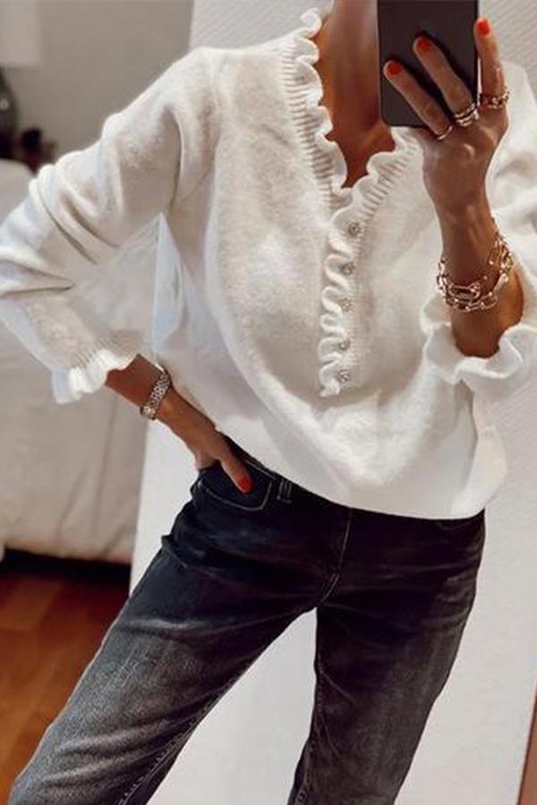 V-Neck Ruffles Buttons Lightweight Sweater