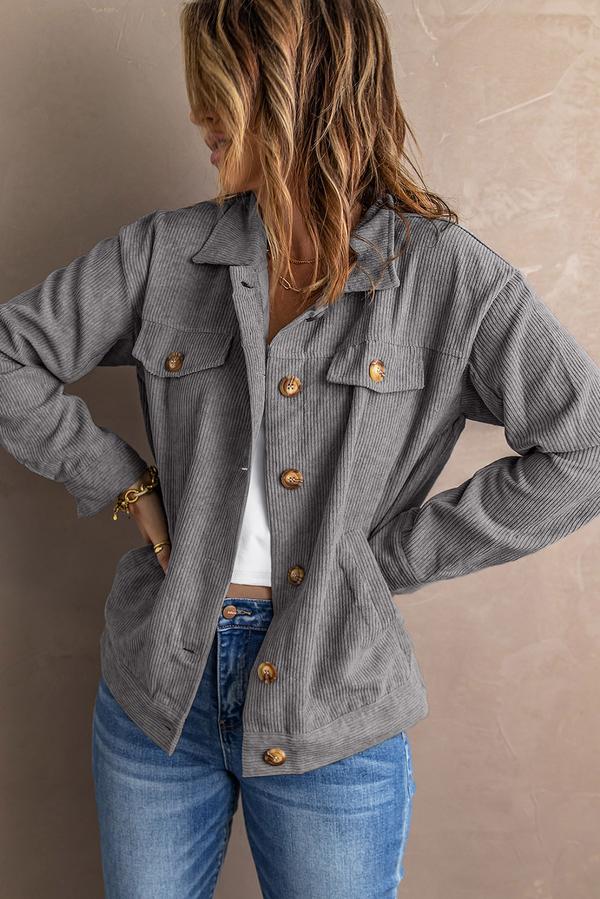 Ribbed Corduroy Long Sleeve Jacket with Pocket
