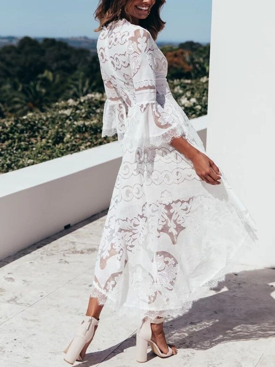 Sweet Solid Flared Sleeve Dress