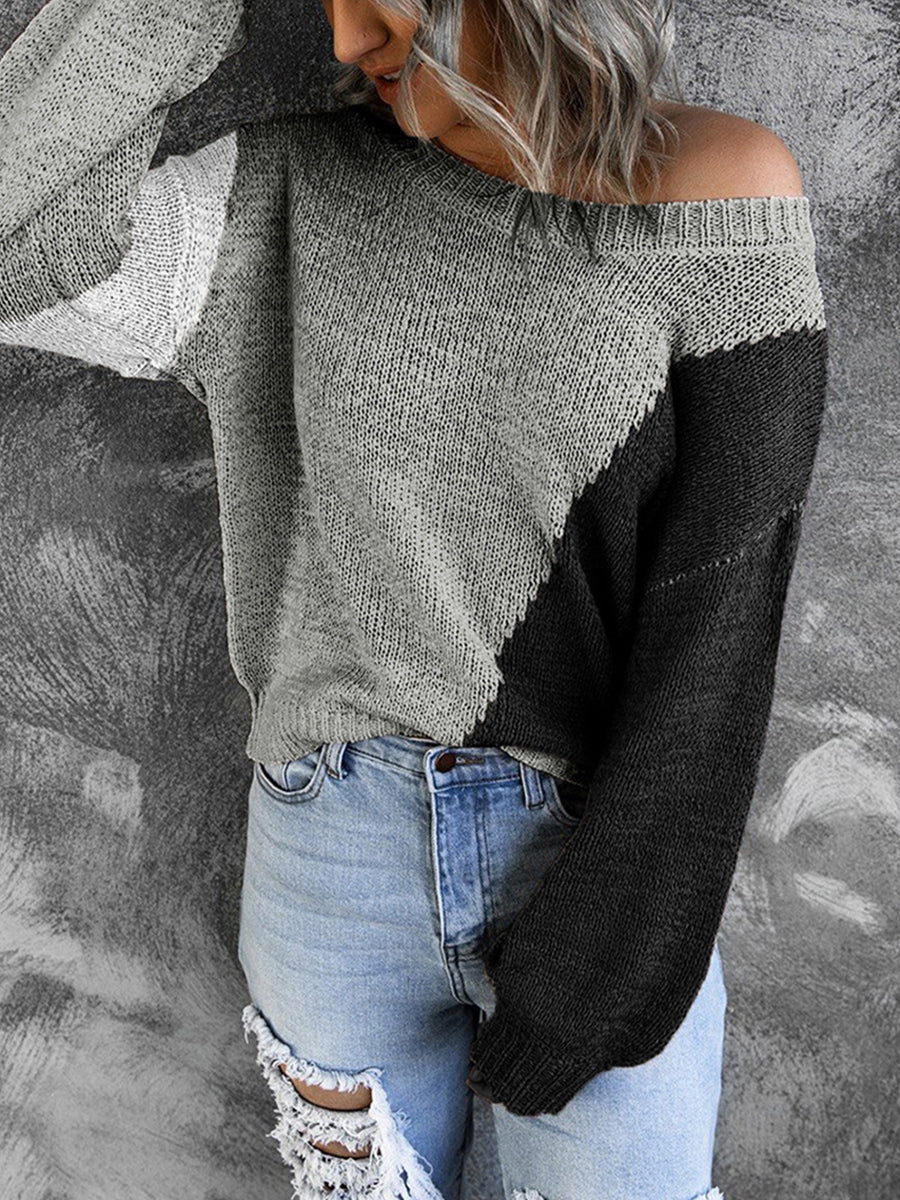 Irregular Color Block Off-shoulder Sweater