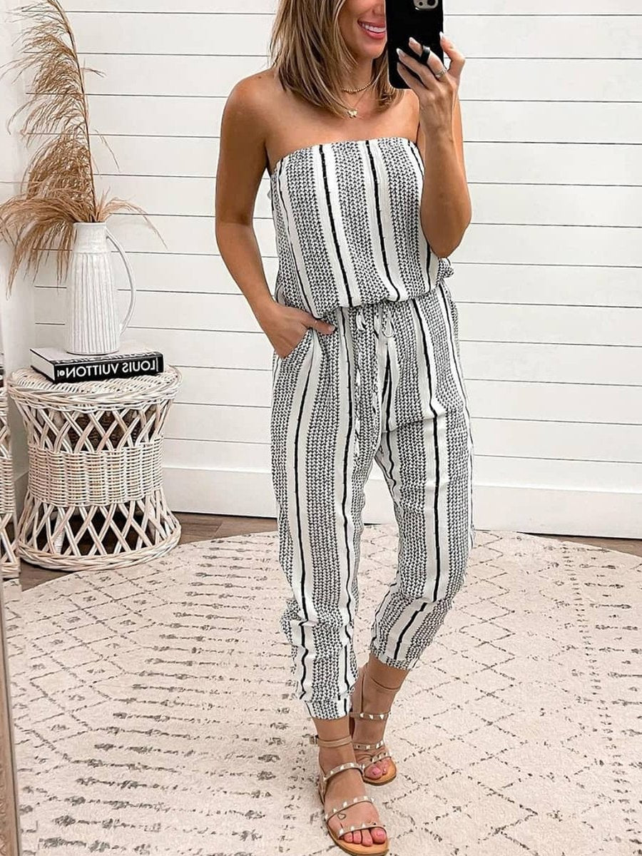 Sexy Striped Bandeau Drawstring Pocket Jumpsuit