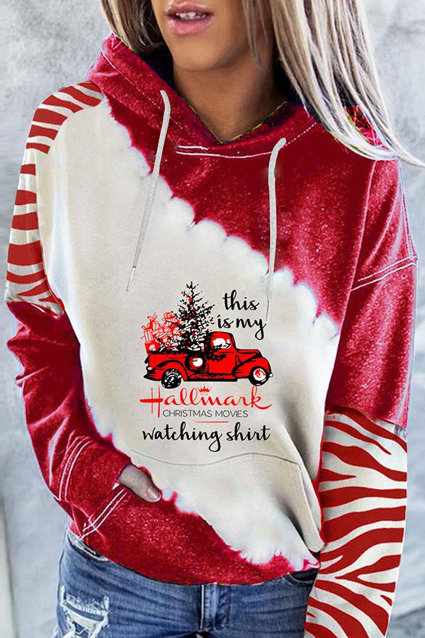 Santa Claus Print Color Block Hoodie  （Red）