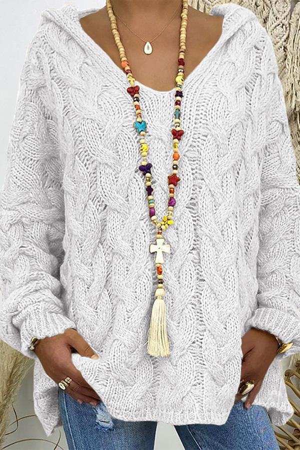 V-neck Hooded Loose Pullover Sweater