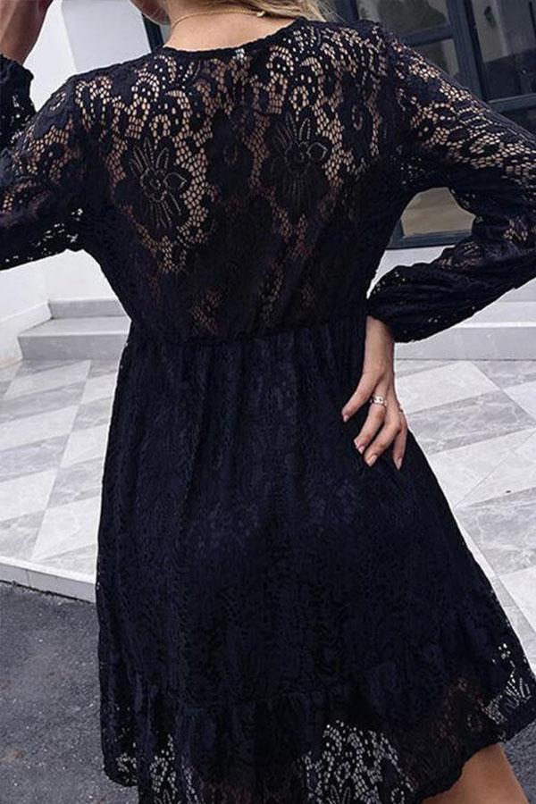V Neck High Waist Lace Long Sleeve Dress