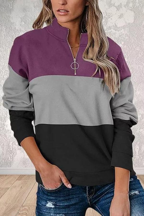 Print Color Block V-Neck Long Sleeves Sweatshirt