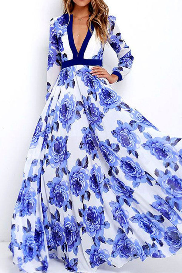 Floral Blue and White Porcelain V-Neck Printed Long Dress