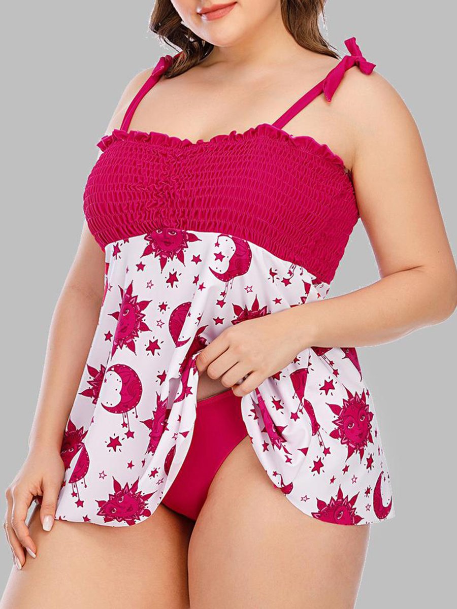 Sweet Frill Trim Butterfly Print Pink Tankini