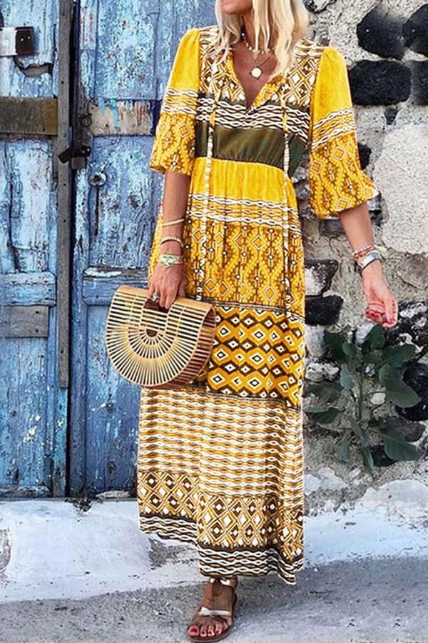 Fashion V-Neck Half-Sleeve Bohemian Print Maxi Dress