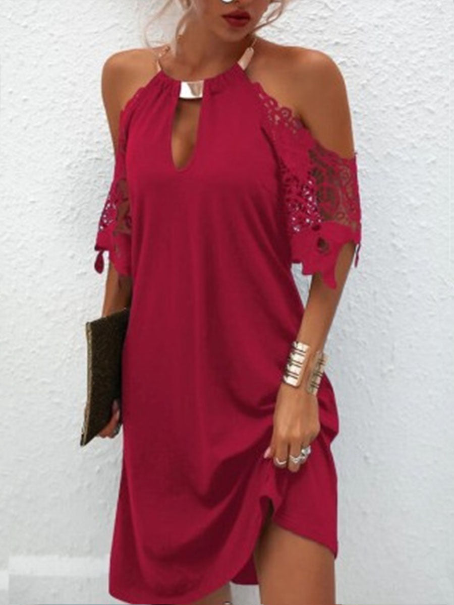 Plus Size Vintage Holiday Cold Shoulder Shift Halter Casual Dress