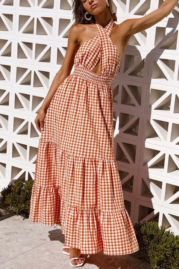 Lovely Dear Cross Halter Neck Plaid Maxi Dress