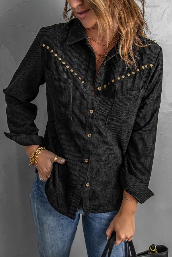 Rivet Corduroy Buttoned Long Sleeve Shirt with Pockets