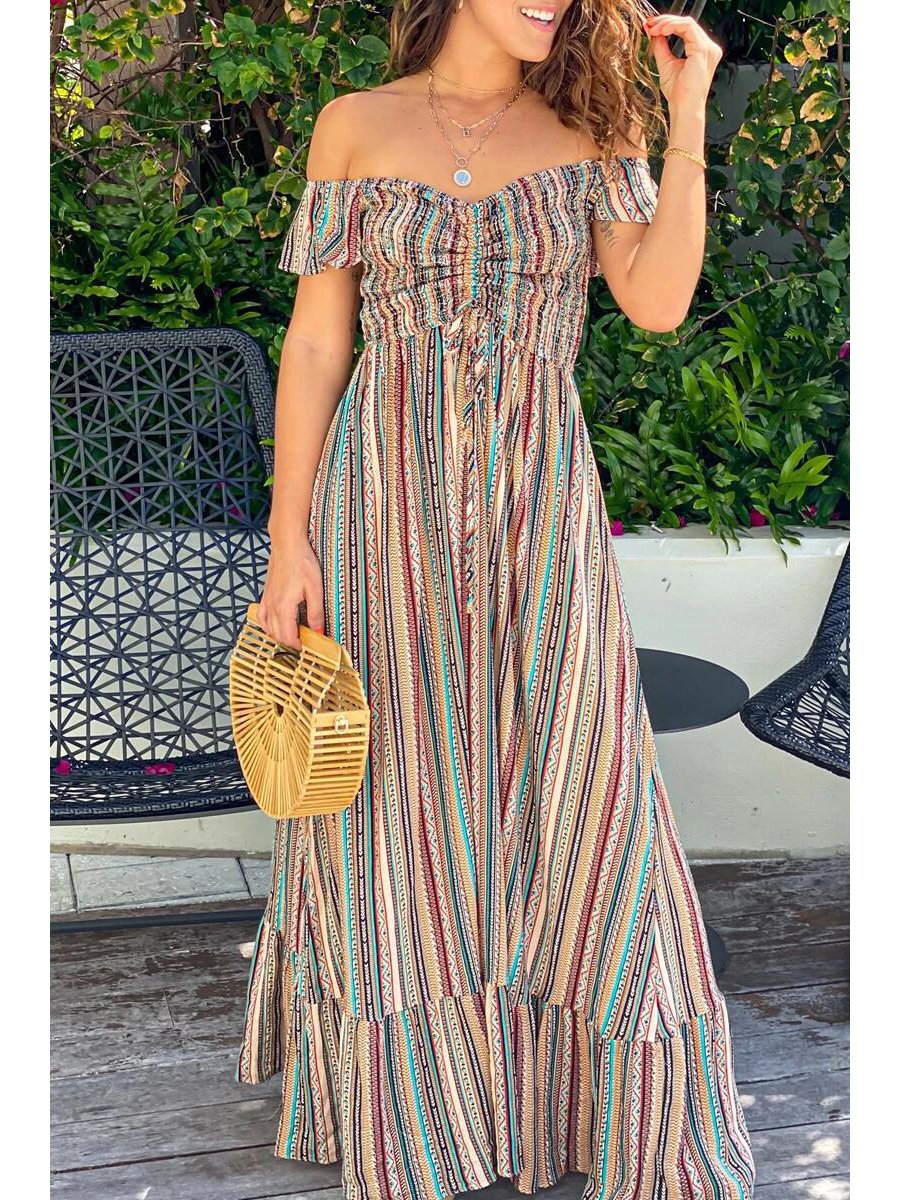 Off-the-shoulder Ruched Striped Maxi Dress