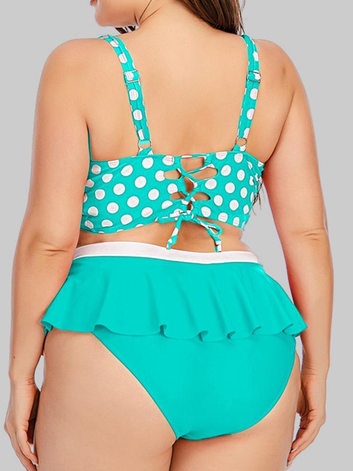 Dot Print Flounce Bow-tie Decoration Red Tankini