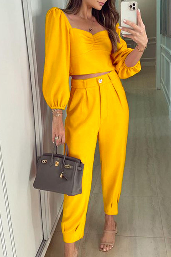 Square Neck Slim Fit Cropped Top Loose Solid Color Casual Pants Two Piece Set