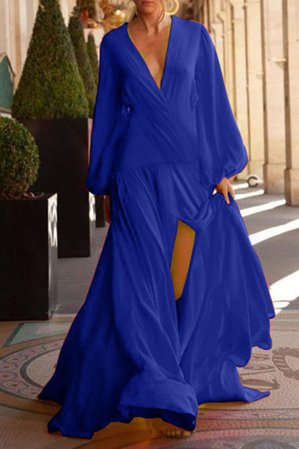 Solid Color V Neck Long Sleeve Dress