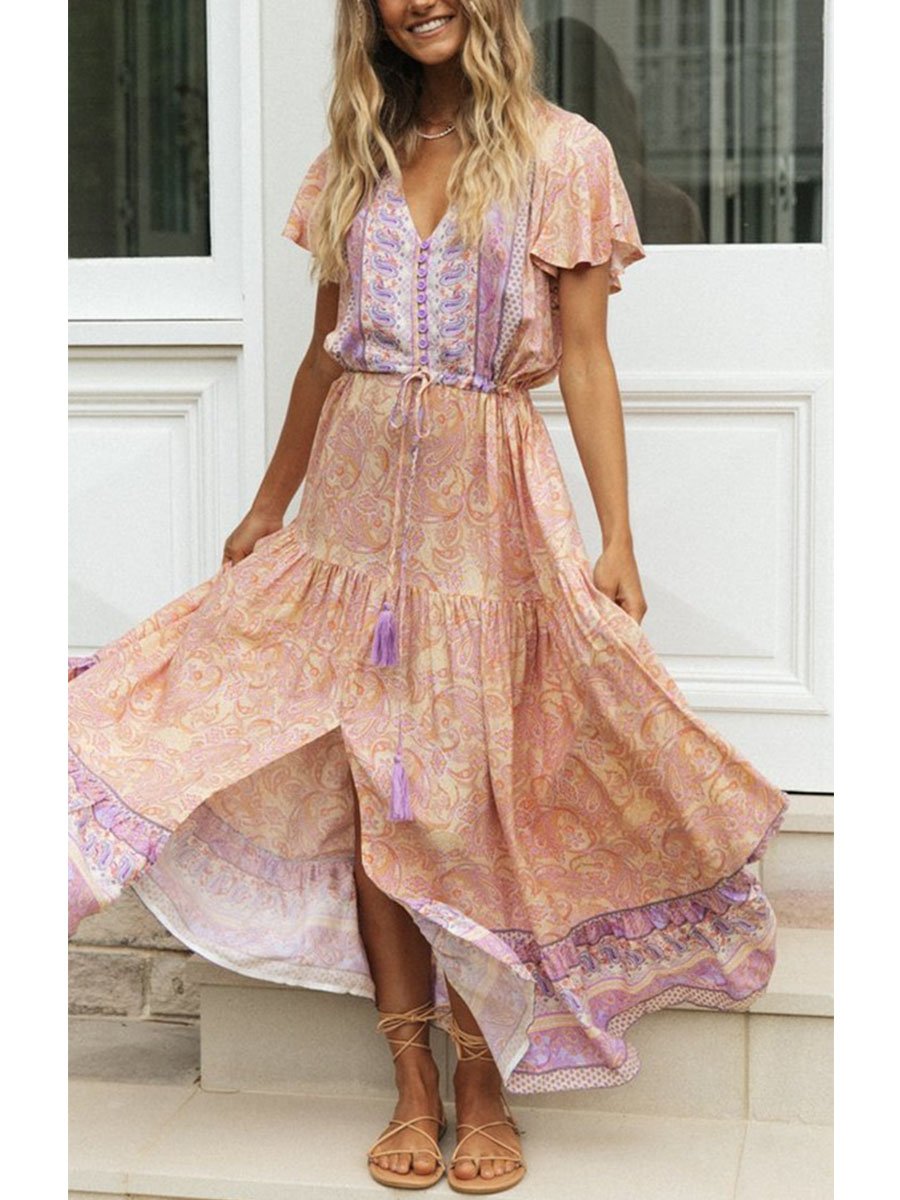 Women's Maxi Dresses Floral Short Sleeve A-line V Neck Button Belt Boho Daily Maxi Dress