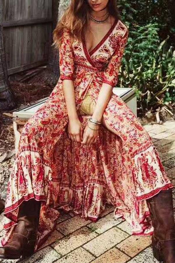 Red Floral Cut Out Sashes Ruffle V-neck National Maxi Dress