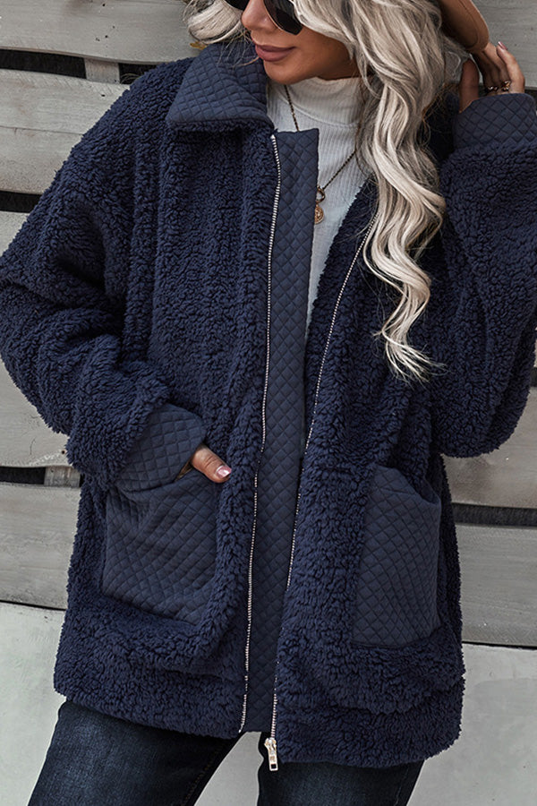 Long Sleeve Pocket Detail Zip Up Teddy Coat