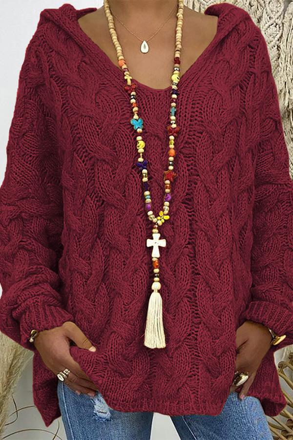 V-neck Hooded Loose Pullover Sweater