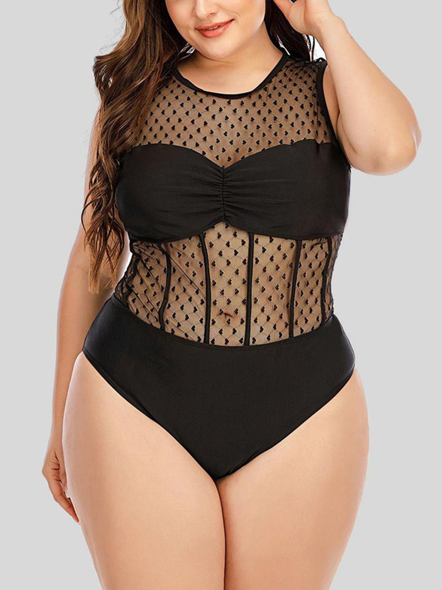 See-through Patchwork Black One-piece Swimsuit