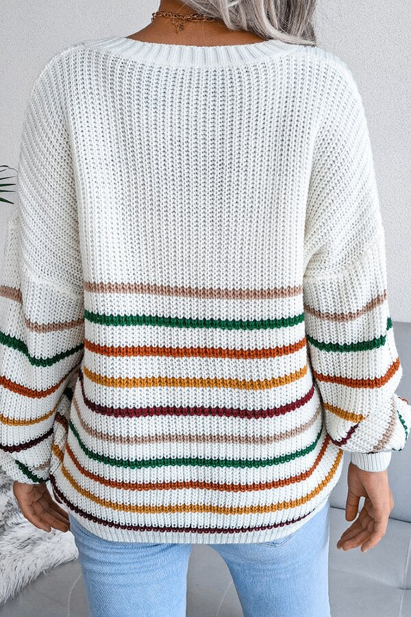 Rainbow Stripes Casual Loose V-neck Sweater