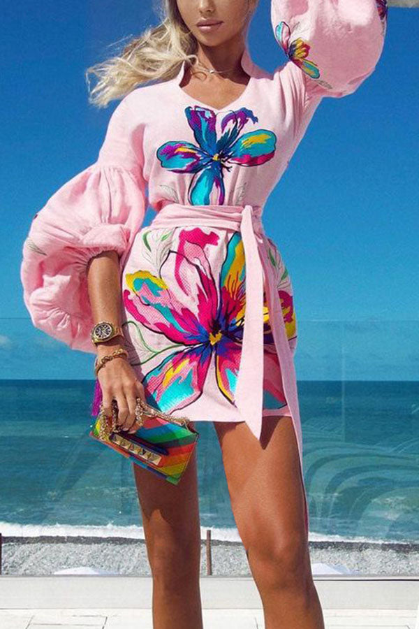 Stand-up Collar Puff Sleeve Printed Mini Dress