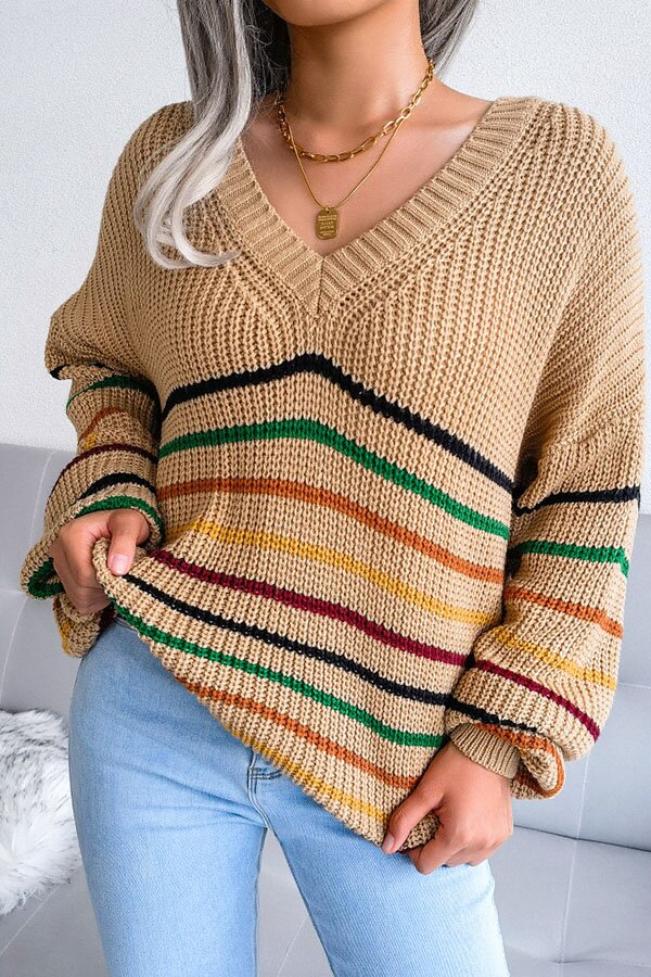Rainbow Stripes Casual Loose V-neck Sweater