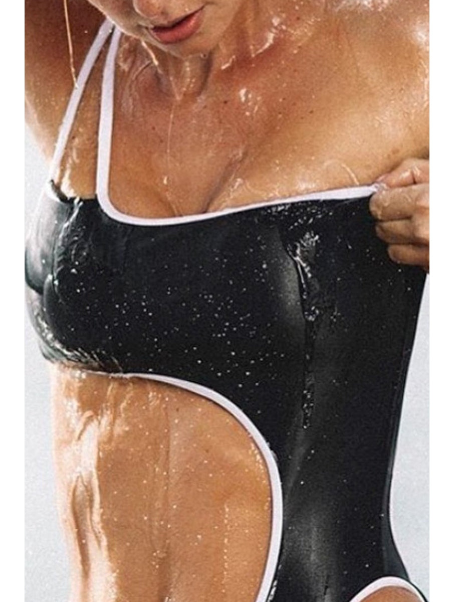 One Shoulder Cutout Patchwork Black One-piece Swimsuit