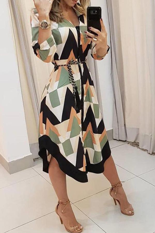 V-neck Plaid Slim Fit Lace Up Loose Long Dress
