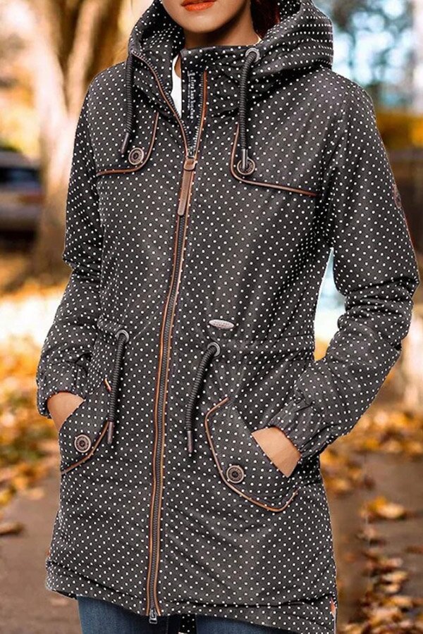 Drawstring Polka Dot Hooded Printed Coat