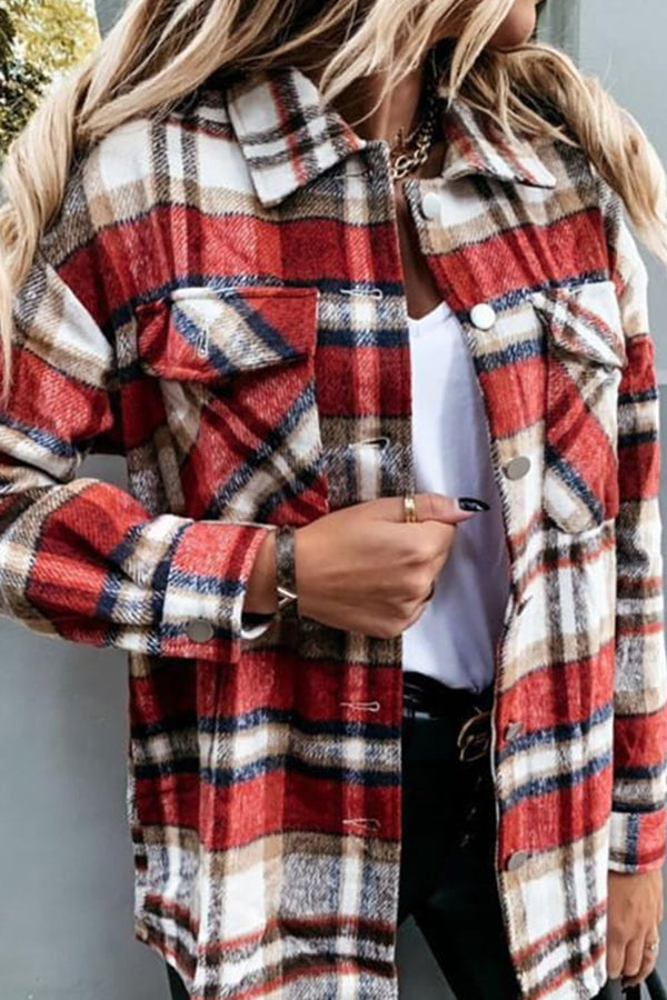 Long Sleeve Orange Plaid Print Jacket