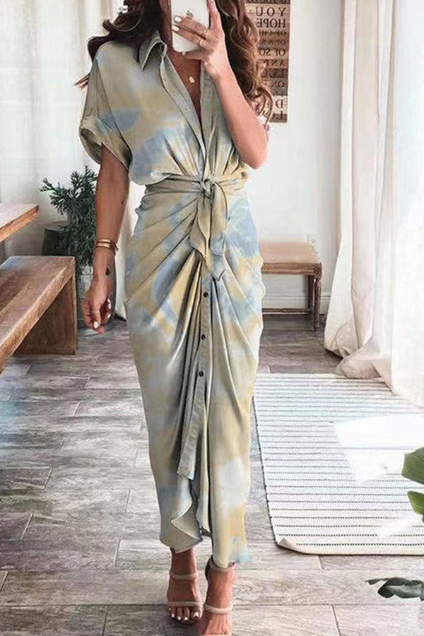 Print Satin Pleated Classy Bandage Shirt Dress