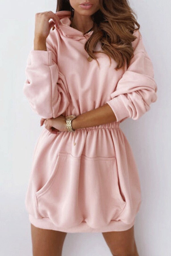 Waist Long Sleeve Fleece Hooded Sweatshirt Dress