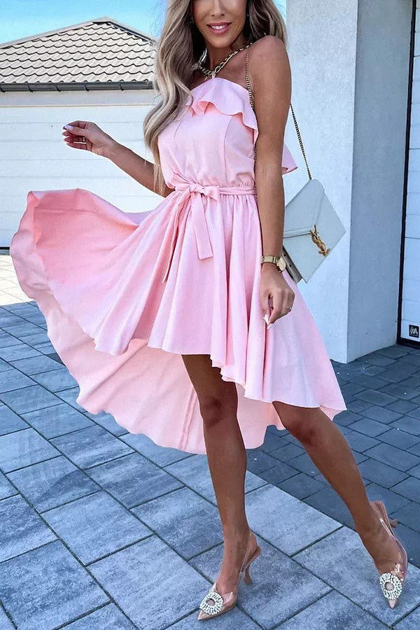 Stay Beautiful Chain Neck Ruffle High Low Dress