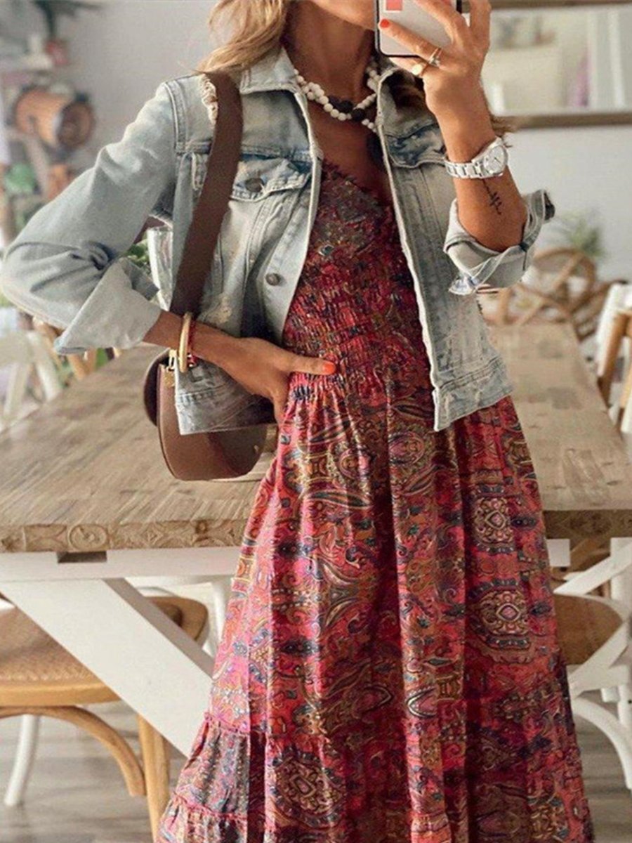 V-neck Smocked High-waist Boho Print Maxi Dress
