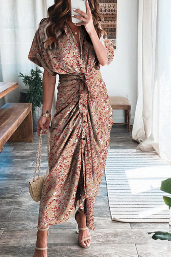 Short Sleeve Elegant Commuter High Waist Printed Long Dress