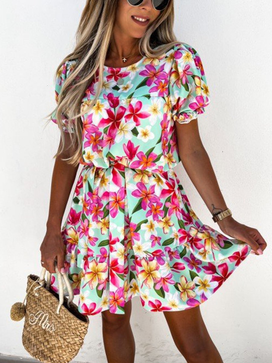 Round Neck Fruits Print Smocked Mini Dress