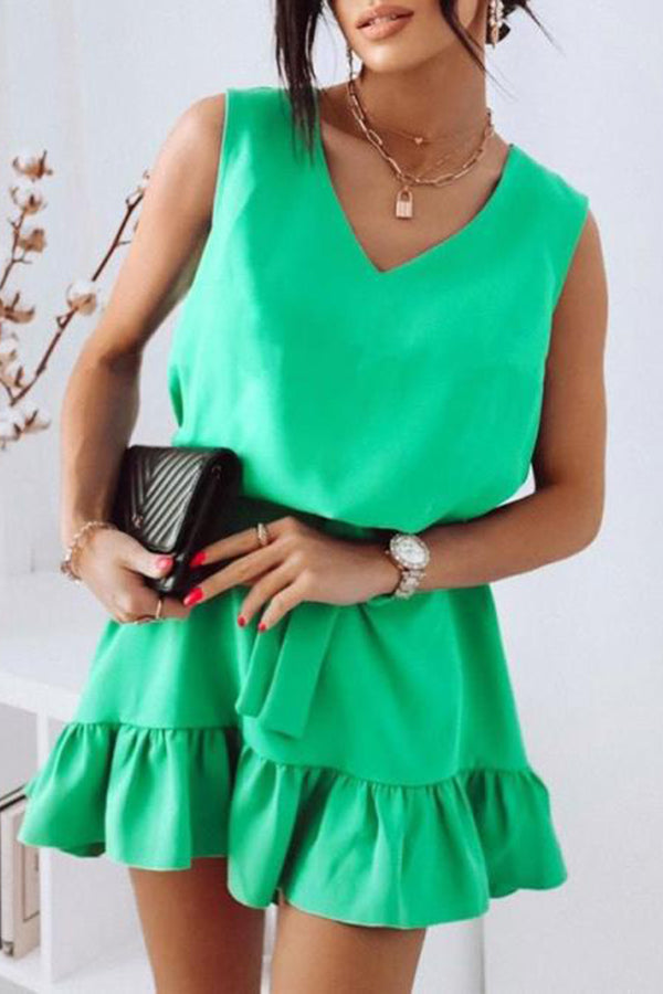 V-Neck Sleeveless Gathered Waist Mini Dress
