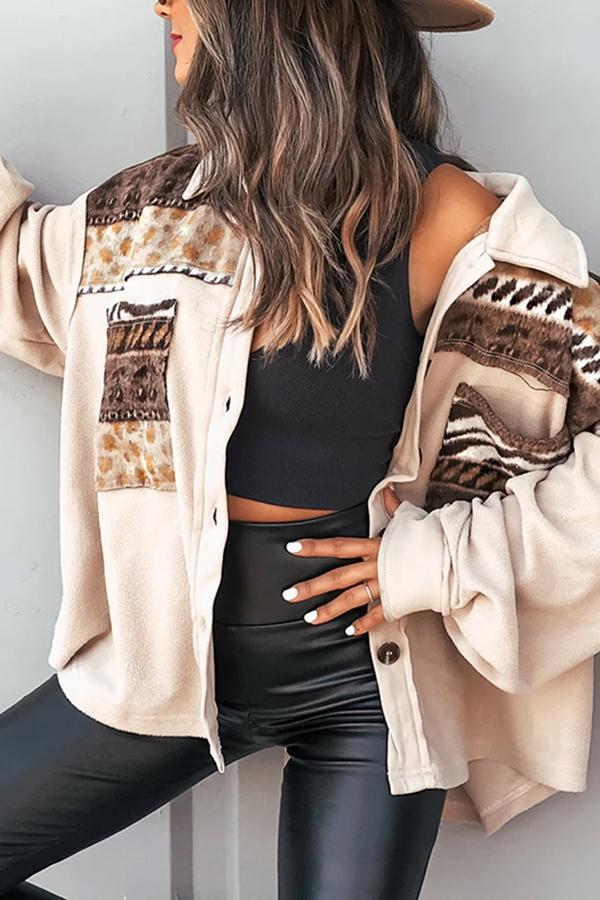 Fashion Print Stitching Pocketed Shacket