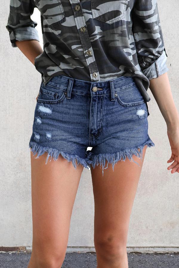 Ripped Fringed Stretch Denim Shorts