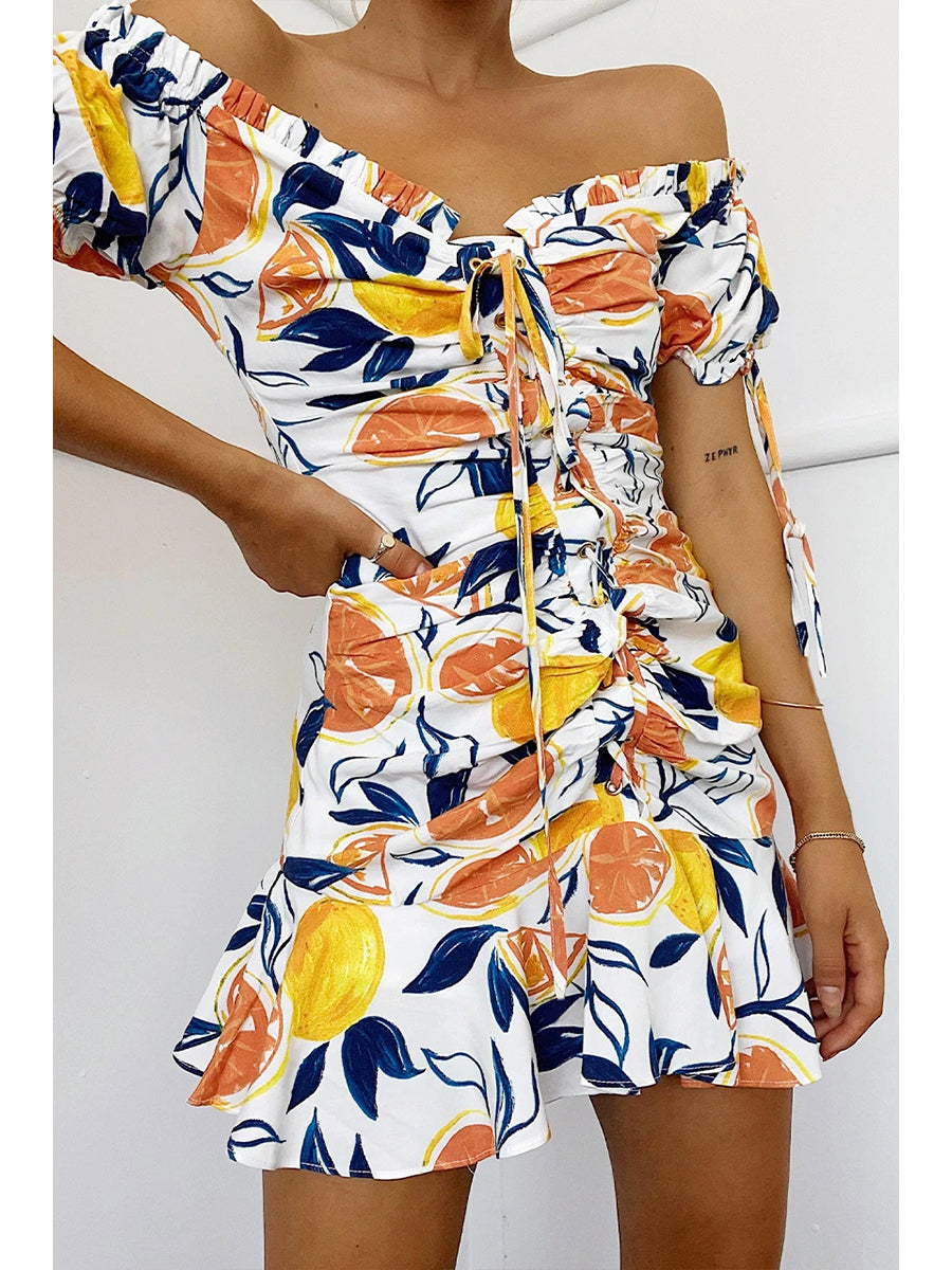 Off-Shoulder Lace-up Print Slim-fit Mini Dress