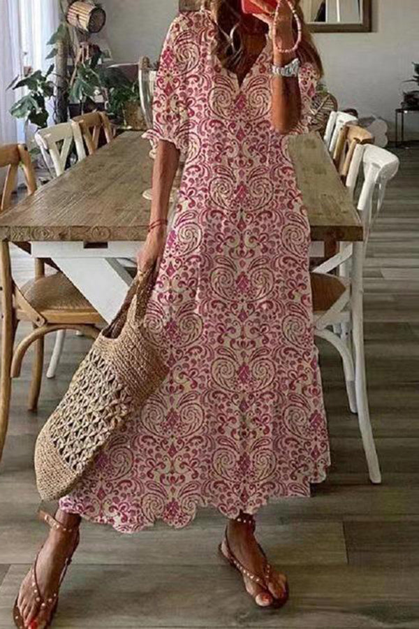 Casual Sweet V-neck Printed Short Sleeve Medium Length Dress